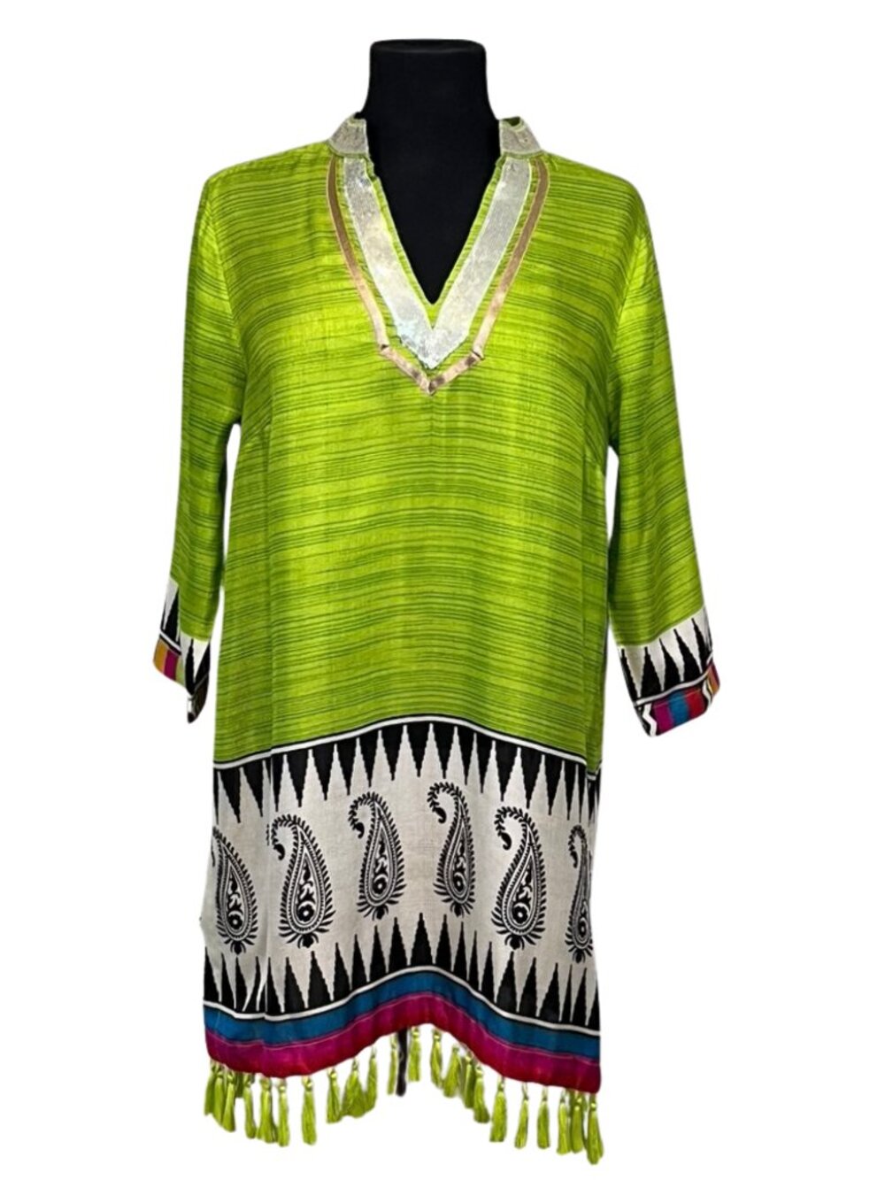 Soft Surroundings Chartreuse Paisley Sequin Tassel Tunic Dress M